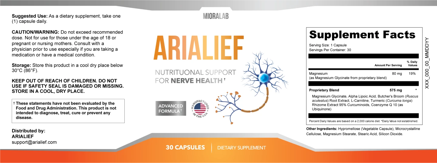 The complete supplement label for Arialief, detailing the nutritional facts, the list of natural ingredients like Magnesium and Passion Flower, and the usage instructions for nerve health support.